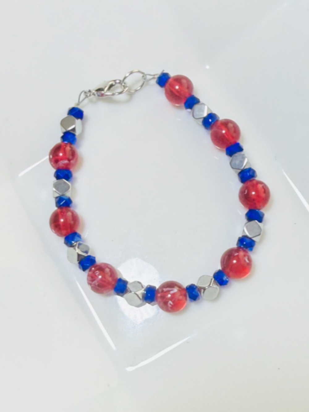 Red Round, Silver faceted & Cobalt Blue Beaded Bracelet